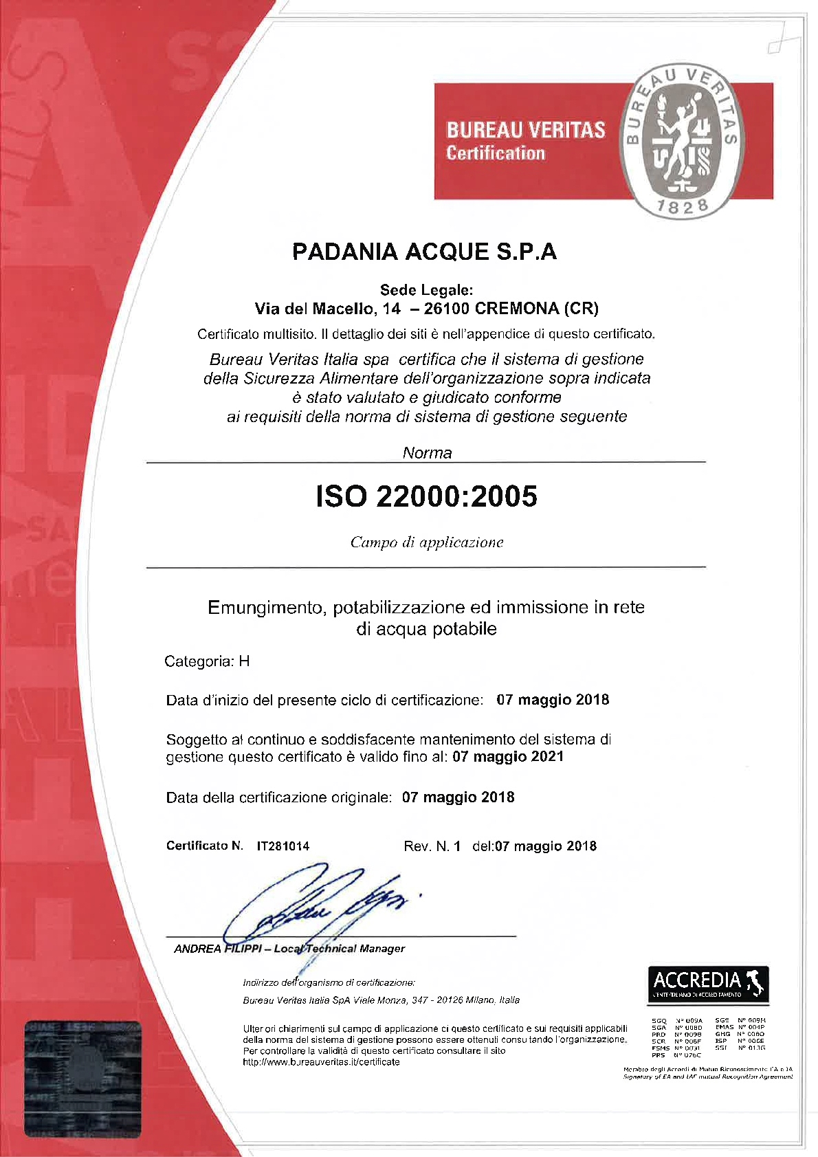 Padania Acque Certificazione ISO 22000